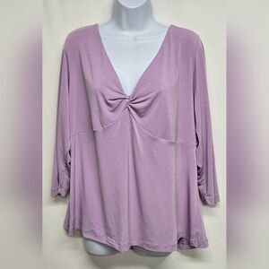 Mix It 3X Pullover Slinky Stretch Knit Top  Twist Front V Neck 3/4 Sleeve Orchid